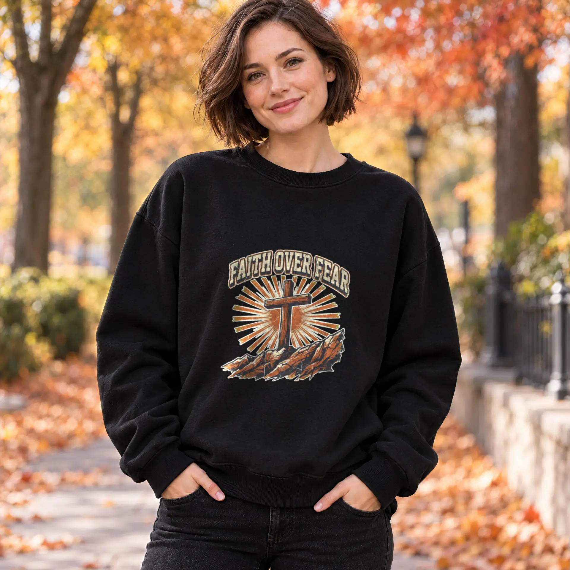 Faith Over Fear Sunrise Crewneck in black — view 4