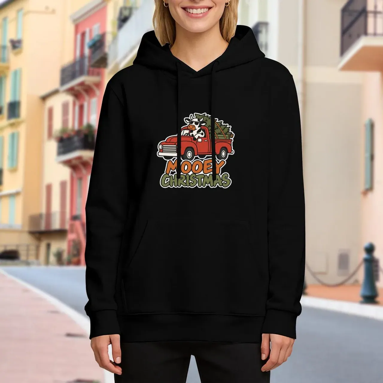 Mooey Christmas Hoodie in black — view 3