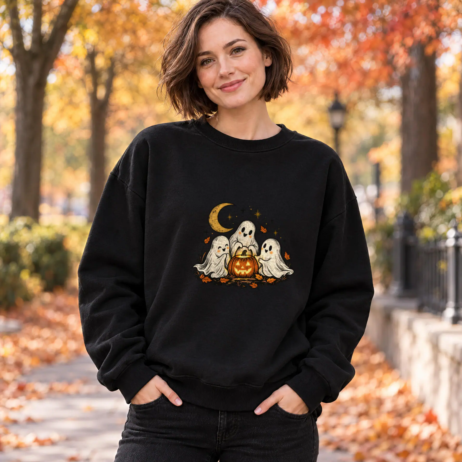 Three Little Ghosts Crewneck in black — view 3