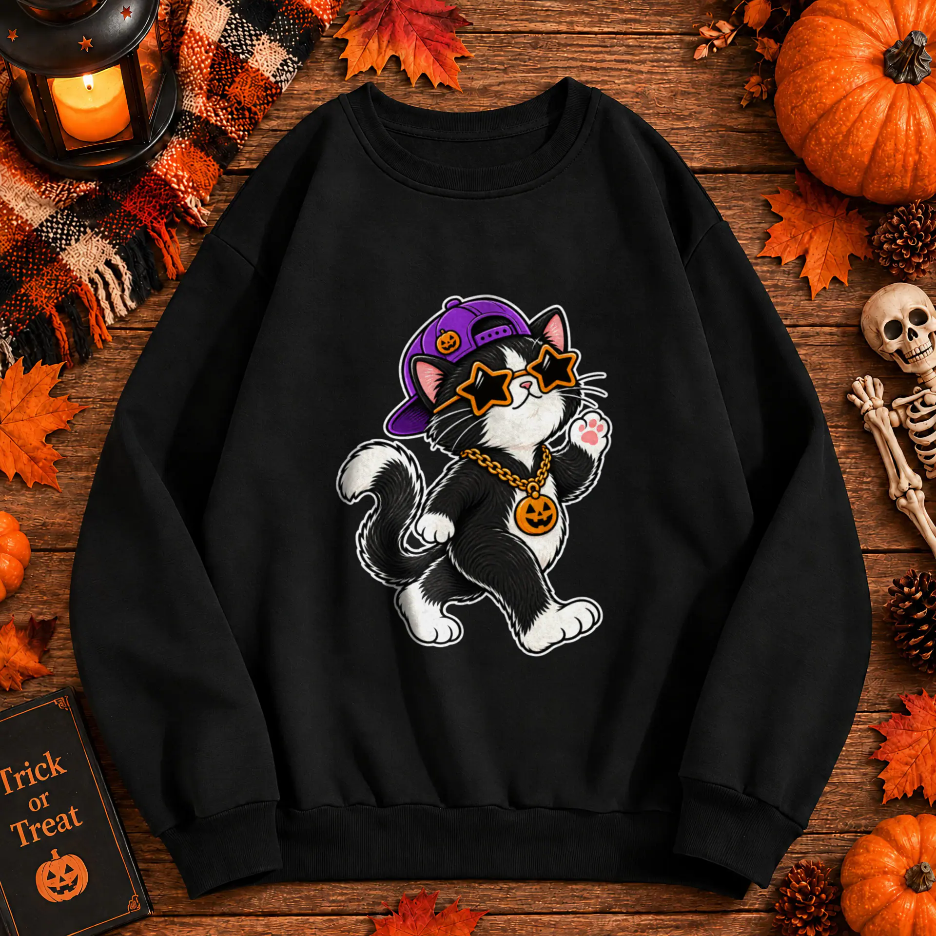 Trick or Treat Cat Crewneck in black — view 1