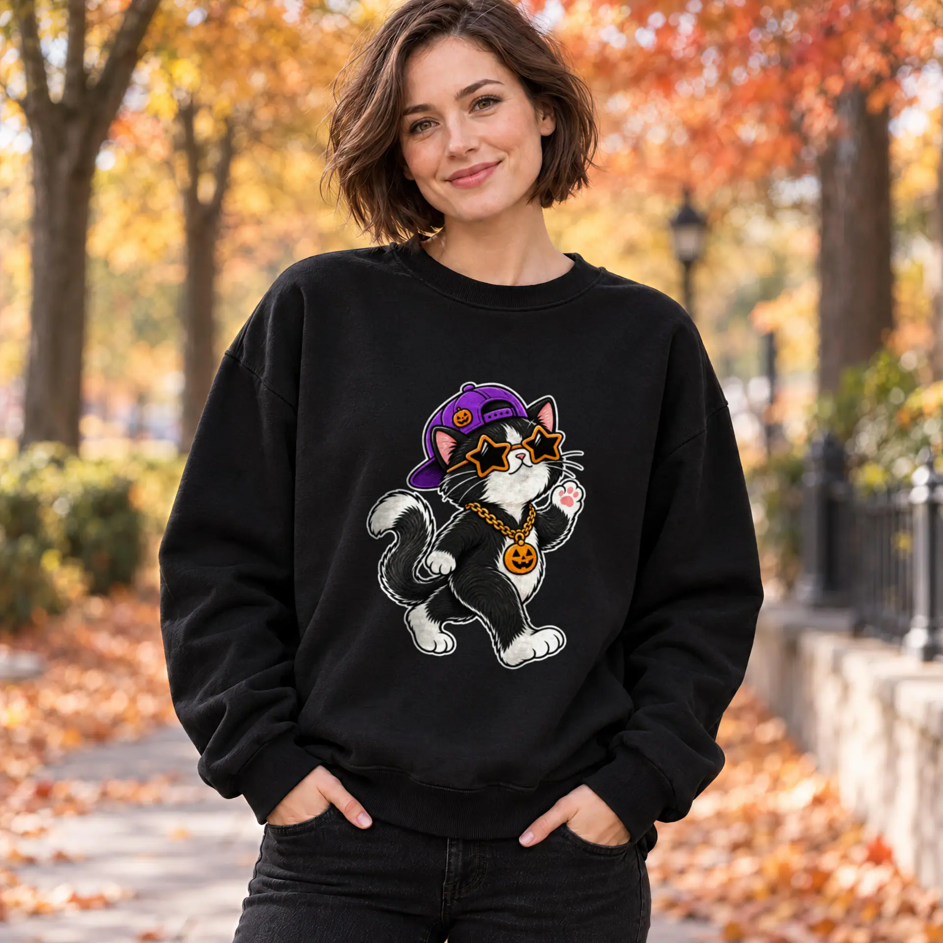 Trick or Treat Cat Crewneck in black — view 2