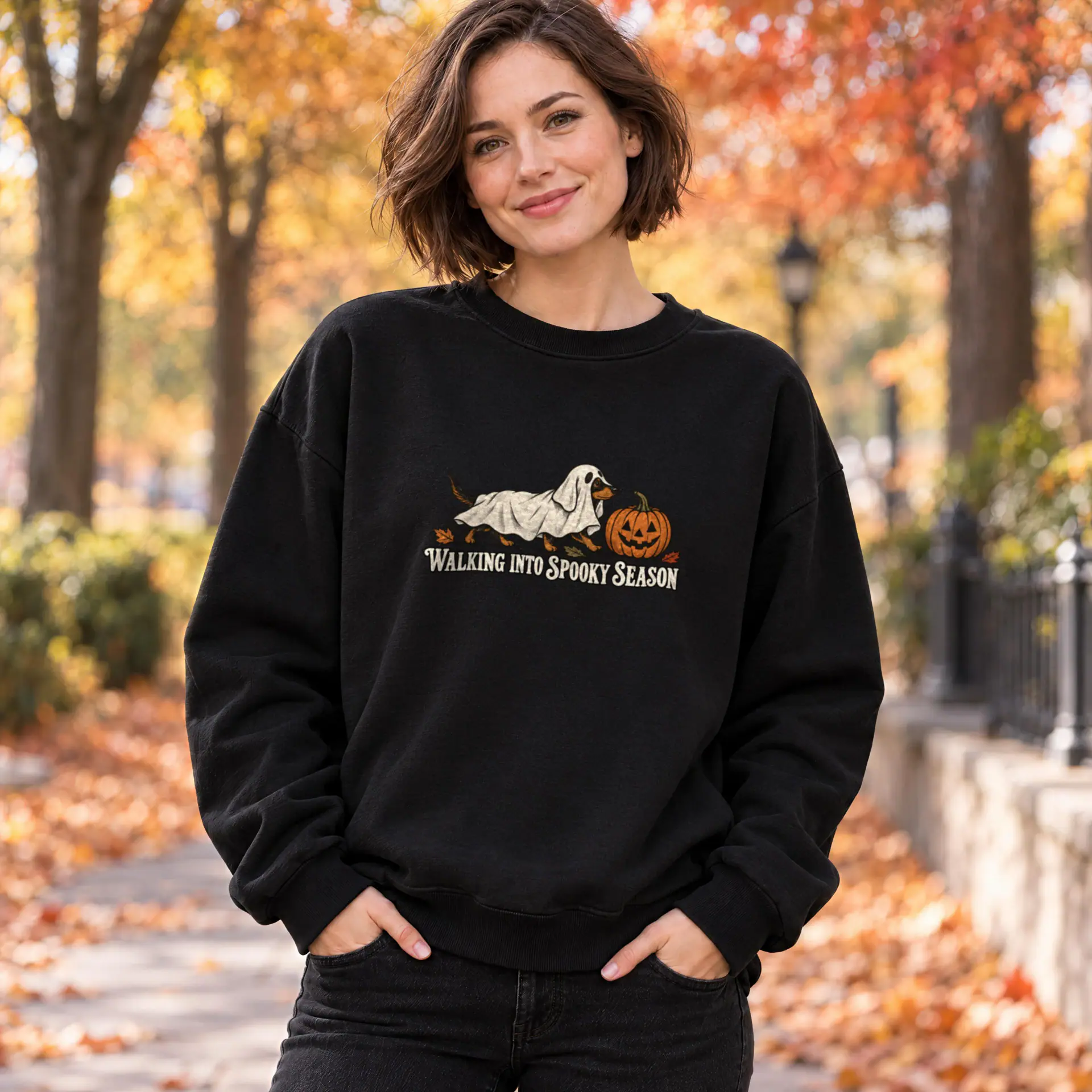 Walking Into Spooky Season Crewneck in black — view 4